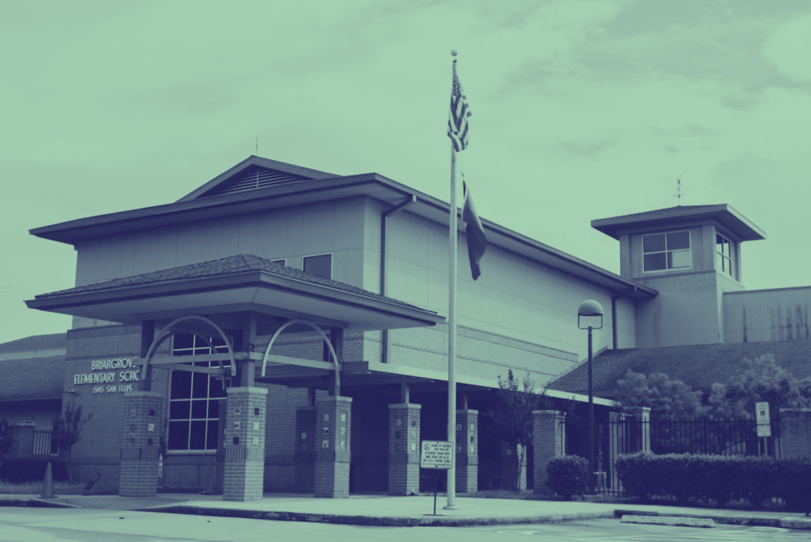 Image: A stylized photo shows a school building with a flag pole in front.