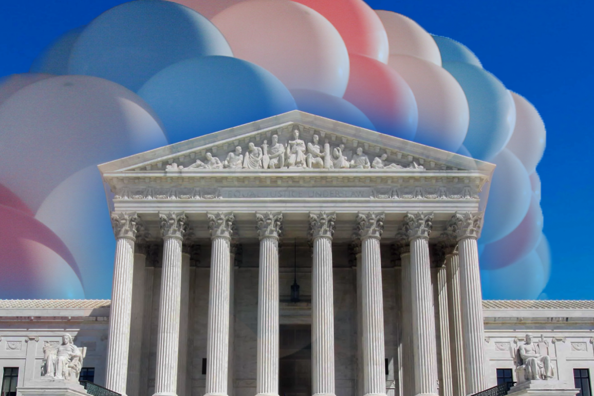 Image: A photo of the Supreme Court building is overlaid with a cluster trans pride colored-balloons.