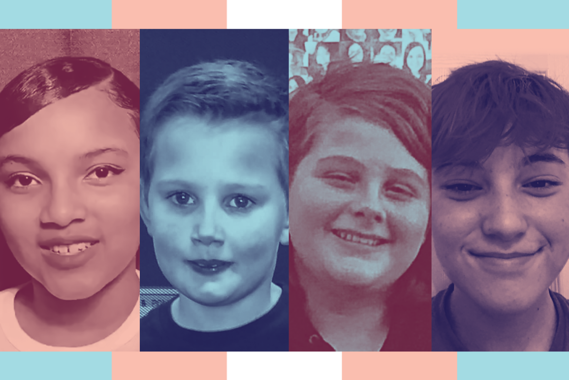 Image: A graphic shows four, stylized, and separate portraits of individual youth. Behind the portraits are multicolored bars representing the trans pride frlag 