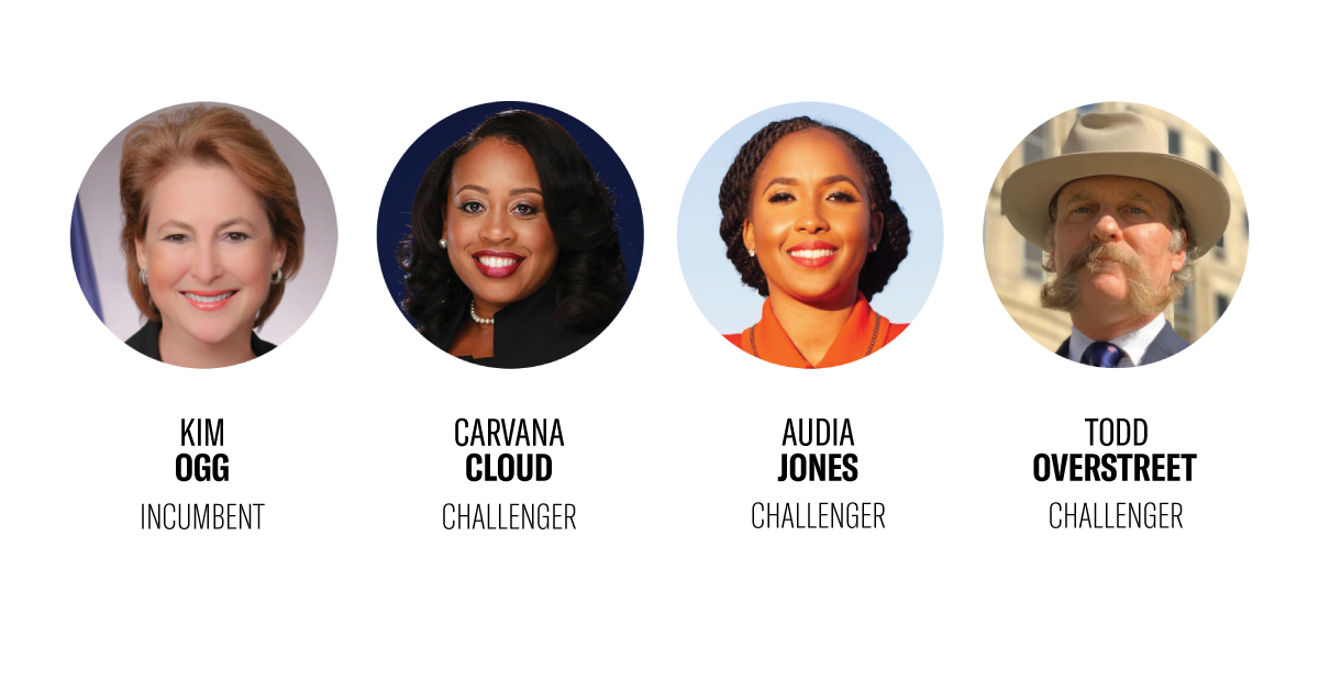 Circle-cropped portraits of candidates for Harris County district attorney race, including District Attorney Kim Ogg, Carvana Cloud, Audia Jones, and Todd Overstreet