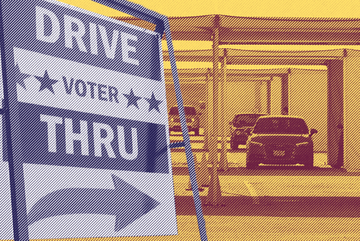 Image: A stylized collage of images shows a Drive-Thru voting sign in the foreground. I nthe background is a covered area, with cars in a queue, spaced out from each other.