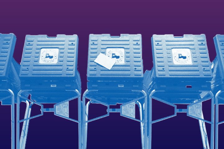 Purple and blue image of voting booths lined up