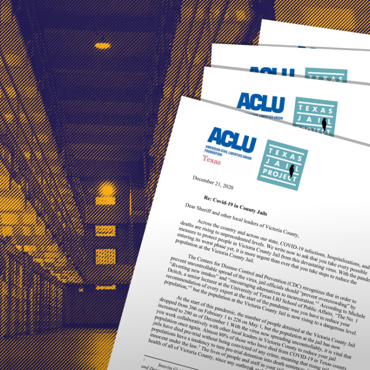 Image: A stylized phot of the interious of a prison shows two levels of cell rows. Documents showing the ACLU of Texas and Texas Jail project logo are splayed across the image.