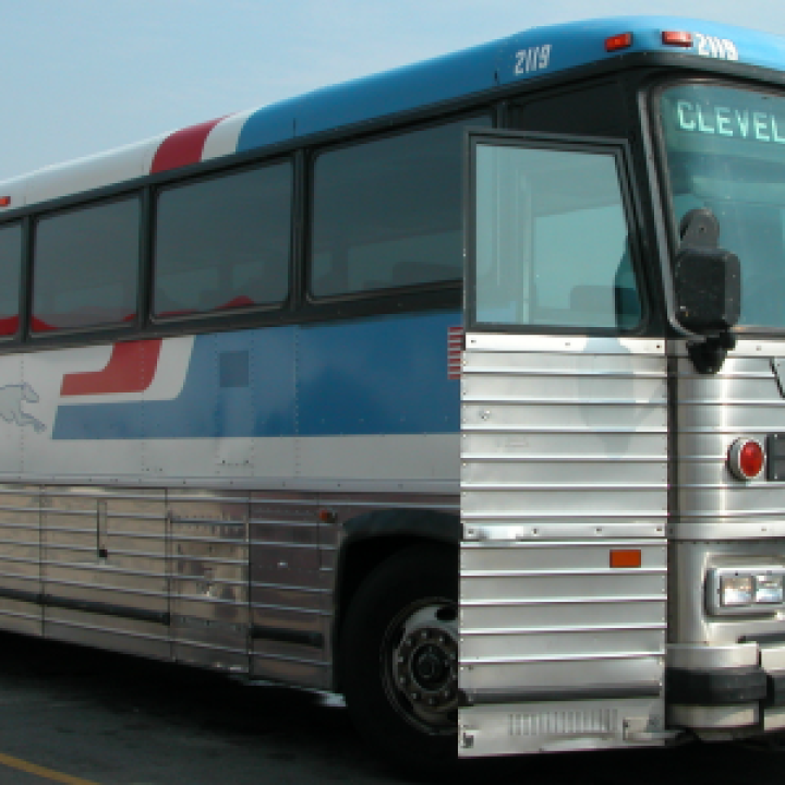 Greyhound bus in a parking lot