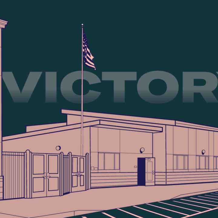 Image of a school with the word Victory!