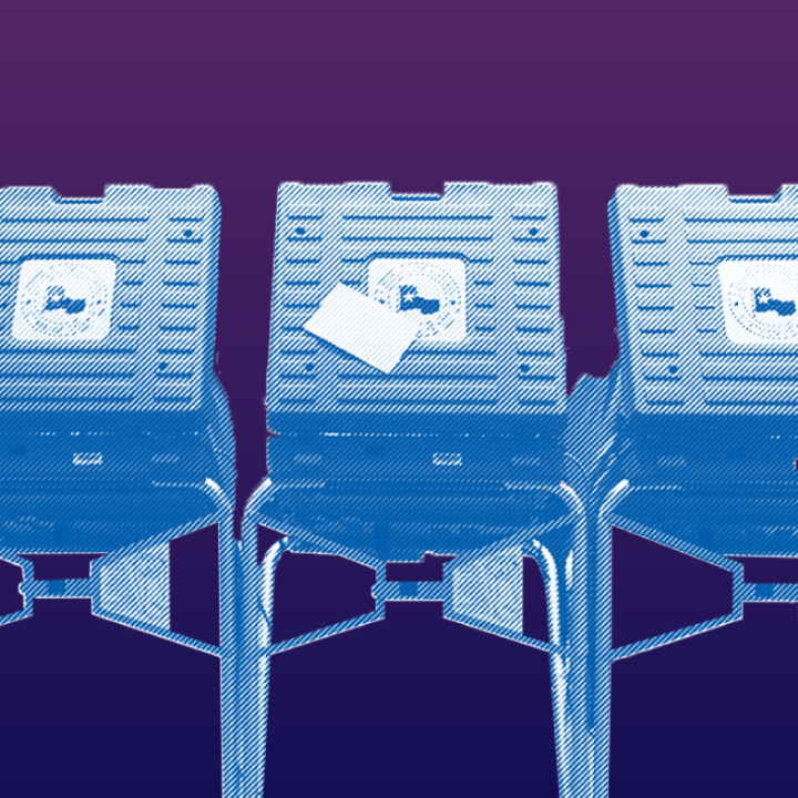 Purple and blue image of voting booths lined up
