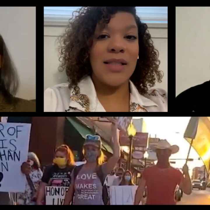 An image of PRO Gainesville community organizers and an image from the protest.