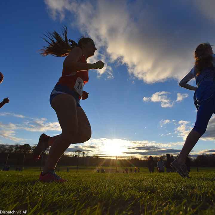 Several silhouettes of individuals running track.