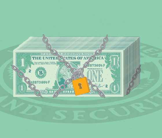 Stack of dollar bills locked in chains on green background