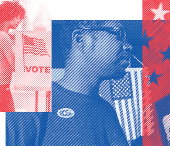 Red-toned graphic of woman casting her ballot in the background with man in blue-tone graphic showing 'I Voted' sticker in the foreground. American flag in red-tone to the right with transparent stars to the right.