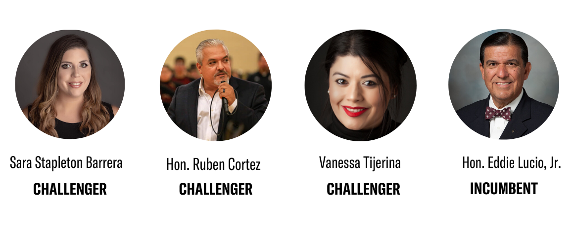 Cropped photos of the candidates running for TX Senate District 27, including: Hon. Eddie Lucio Jr., Hon. Rubio Cortez, Sara Stapleton Barrera, Vanessa Tijerina.